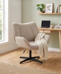 MEUBLE COSY Silla de Oficina Giratoria 360°, Altura Ajustable, Acolchada con Espuma en Tela de Pana, para Escritorio Estudio, sin Ruedas, Topo Claro