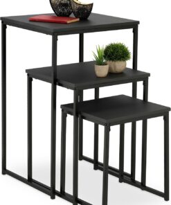Relaxdays Mesas Auxiliares, Pack de 3, Mesitas de Salón, 3 Tamaños, Diseño Nido, de Metal, Cuadradas, Decorativas, Negro