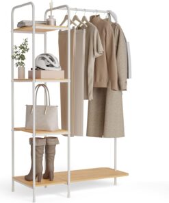 Newlux-Burro Ropa Resistente Hasta 35kg Hangy Wood 400 con Zapatero. Perchero Burro Ropa Metálico de Gran Estabilidad | Fácil Montaje | Base Antirayaduras | Incluye 4 estantes (492x42x150cm)|Blanco