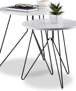 Relaxdays Juego 2 Mesas Auxiliares Redondas, DM-Metal, Blanco-Negro, 40 y 48 cm de diámetro