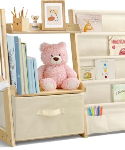 Estanteria Libros Infantil, Libreria Estanteria Montessori Infantil, Estantería de Juguetes con 4 Estanterías, 2 estantes de exposición y 1 Caja de Almacenamiento - Beige