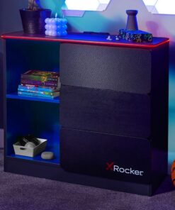 X-Rocker Cómoda negra, 3 cajones con asas integradas y guías de metal, tira de iluminación LED RGB personalizable para iluminación ambiental, muebles de dormitorio de niños, juegos - gris/azul