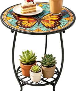 Mesa pequeña Mesa de té metálica con estampado de animal | Mesita de café para patio Para en Porche, Terraza, Jardín al Aire Libre, Patio, Salón, Dormitorio y Café