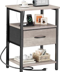 Vagusicc Mesita de noche, mesita de noche con estación de carga, mesa auxiliar de cama con cajón, mesa auxiliar de 3 niveles con estante de almacenamiento para sala de estar, mesita de noche alta