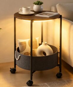 ARTETHYS Mesa auxiliar, mesas auxiliares pequeñas para sala de estar, mesa auxiliar con luces LED, ruedas, cesta de almacenamiento, mesas de sofá de noche para dormitorio, color marrón rústico