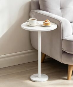 smusei Mesa Auxiliar Alta Redonda Mesita Auxiliar Salon MDF Side Table con Base de Mármol Mesa Redonda 62,5 Cm x 32 Cm para Sala Estar Balcón Cafetería (Blanco)