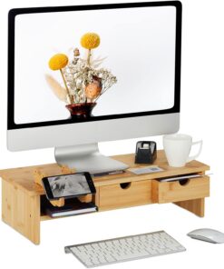 Relaxdays Soporte para Monitor de Bambú, 2 Cajones, Apoyo Móvil, Elevador de Pantalla Escritorio, 14x54x23 cm, Natural