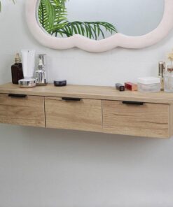 Tocador de Maquillaje Flotante con Espejo Nube, Mesa de Maquillaje de Pared con 3 Cajones, Escritorio Suspendido para Dormitorio, Mueble Salvaspazio(A)