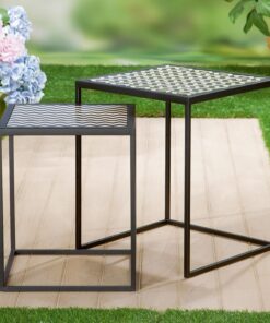 GILDE Juego de 2 mesas auxiliares Circo – Cuadrada – Metal – Negro – patrón de Pata de Gallo – Altura 43 cm x diámetro 36 cm
