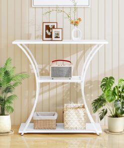 HDANI Mesa Consola de Metal de 3 Niveles con Estante Central de Rejilla,Estrecha Mesa de Pasillo con Marco Estable,Mesa de Entrada y Mesa de sofá para Pasillo,salón,Entrada,Blanco,80x30x78.5cm