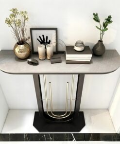 Mesa Consola, Piedra sinterizada semicircular, Acero al Carbono | Piedra sinterizada lavable, base acero carbono resistente, montaje rápido, multiusos(A1,100cm/39.3in)