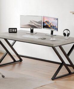 LVB Escritorio de ordenador en madera rústica ejecutiva con metal, gran escritorio industrial con almacenamiento, mesa de ordenador de madera para dormitorio salón, roble gris 152 cm