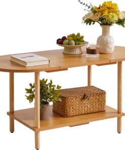 Aibiju Mesa de té de Madera con Diseño de Empalme, Mesa de Salón de 2 Niveles para Sala de Estar con Estante de Almacenamiento Color Madera Natural YD-011N