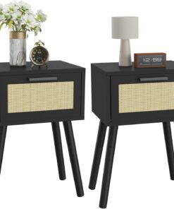 YMYNY Mesita de Noche de Ratán, Juego de 2, Mesa Auxiliar de Noche, Mesilla de Noche con Cajón magnético, Piernas de Madera Maciza, 35x27x53 cm, para Dormitorio, Oficina, Salón, Negro HST010B-2