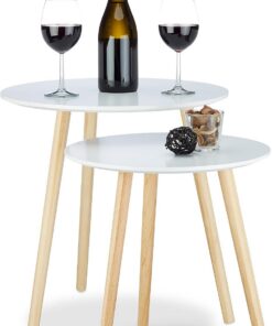 Relaxdays Mesas auxiliares Set de 2 mesas nórdicas, Estilo años 70, mesas de Noche, diámetro 39 y 47,5 cm, Blanco