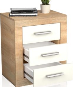 duehome | Mesita de Noche, Mesilla de Dormitorio, Modelo Kira, Acabado en Color Cambria y Blanco, Medidas: 50 cm (Largo) x 34,6 cm (Fondo) x 60 cm (Alto)