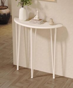 Mesa Consola de Media Luna de Madera, Mesa de Entrada Estrecha con Estructura de Metal, Mesa Auxiliar Semicircular para Sala de Estar, Pasillo, Recibidor y Entrada(Blanco,60x25x80CM)