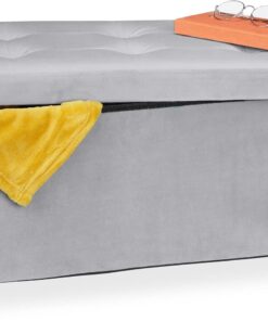 Relaxdays Banco Almacenaje, Acolchado, Terciopelo, Patas Madera, hasta 120 kg, Plegable, 34 x 76 x 38 cm, Gris Claro