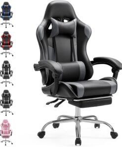 Sweetcrispy Silla de Escritorio para Videojuegos - Silla ergonómica para Ordenador con reposapiés y cómodo Soporte Lumbar, sillón reclinable de Piel sintética con reposacabezas, Gris
