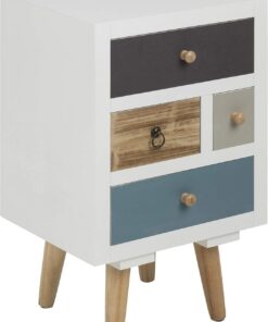 AC Design Furniture Mesita de Noche Cajones Multicolores Suwen, Patas de Pino, Pintura Transparente, 4 Piezas, Blanco, 36 x 30 x 59 cm