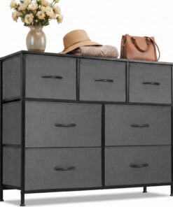 DUMOS Cómoda con cajones, cómoda y aparador para Dormitorio, Armario de Cocina con 7 cajones, cómoda de Tela con Marco de Acero, Armario pequeño, Ideal para Pasillo, salón (Gris)