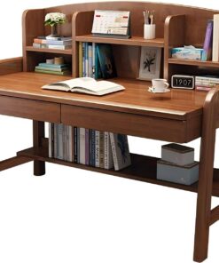 Escritorio de Madera Maciza con estantería - Banco de Trabajo for Oficina en casa con cajón, Mesa de Estudio for computadora portátil(Walnut,100 * 60 * 112CM)