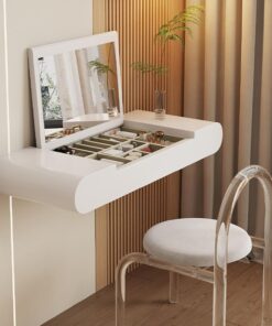 Tocador Flotante de Pared con Espejo Abatible, Mesa de Maquillaje Plegable con Organizador, Escritorio Suspendido para Dormitorio, Madera E0(White,80cm/31.5in)