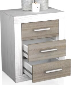 duehome | Mesita de Noche, Mesilla de Dormitorio, Modelo Kira, Acabado en Color Andersen Pino y Gris, Medidas: 50 cm (Largo) x 34,6 cm (Fondo) x 60 cm (Alto)