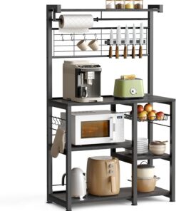 VASAGLE Estantería de Cocina, Soporte para Panadería, Isla de Cocina con Tira Magnética de Cuchillo, Cesta de Alambre, Soporte de Papel, 12 Ganchos, Gris Cárbon y Negro KKS026B42