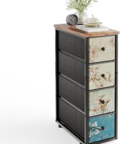 MUTUN Cómoda estrecha de 4 cajones, cajón de almacenamiento de tela para dormitorio con parte superior de madera, armario delgado, mesita de noche, mesa auxiliar, unidad organizadora para baño