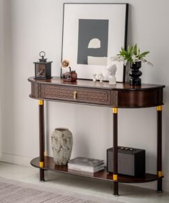 Mesa Consola de Media Luna Estilo Americano Vintage, Mesa Auxiliar de bambú para recibidor con cajón, Mueble Decorativo con Estante Abierto, para Sala de Estar(100cm/39.4in)