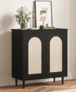 Garvee Aparador de ratán Moderno - Mueble Consola con Puertas y estantes Ajustables - Estilo Boho, Ideal para salón, Comedor o Cocina - Almacenamiento Decorativo - Color Black | Estilo boho, ideal para salón, comedor o cocina - Almacenamiento decorativo -