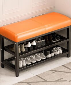 Banco de Zapatos de Entrada, Banco de Almacenamiento con Cojín de Asiento de Cuero, Estantes Abiertos, Estructura de Acero, Zapatero para Entrada, Pasillo, Dormitorio (Color : Orange, Size :