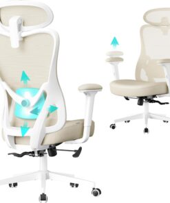 SONGMICS Silla de Oficina Ergonómica, Silla de Escritorio, con Reposacabezas y Soporte Lumbar Ajustables, Carga de 150 kg, Altura Ajustable, Beige Arena OBN066LF01 | Silla de Oficina con Reposacabezas y Soporte Lumbar Ajustables, Beige, Colección KIME MOBN066LF01
