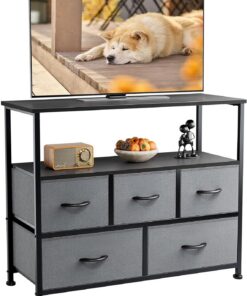 DUMOS Cómoda con cajones, cómoda y aparador para Dormitorio, Armario de Cocina con 5 cajones, Mueble de TV con Marco de Acero Estable, Ideal para Dormitorio, salón (Gris)