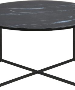 AC Design Furniture Antje Mesa de Centro Redonda, Ø: 80 x 45 cm, Áspecto Mármol Negro/Negro, Vidrio/Metal