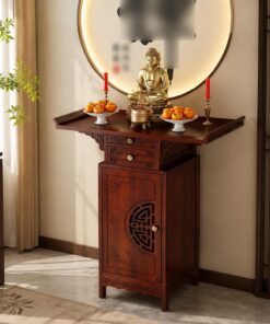 Mesa Altar Budista de Madera con Cajón y Armario de Almacenaje | Mesa de ofrendas tallada con almacenamiento para meditación, oración y santuario personal en casa(L26in/66cm)