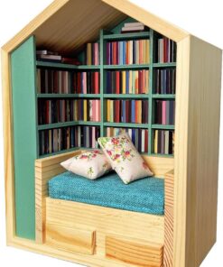 Estantería anti-estrés 200 libros, 2 cojines, casa en miniatura con escena | del Estrés Librería Pequeña 2 Cojines, Decoración de Escena de Libros para Niños, Adultos, Estudiantes, Sala