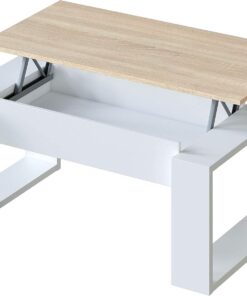 Habitdesign Mesa de Centro elevable, Mesita para Salon, Mesa Auxiliar, Modelo Nova, Acabado en Color Blanco Artik y Roble Canadian, Medidas: 105 cm (Largo) x 55 cm (Ancho) x 45-54 cm (Fondo)