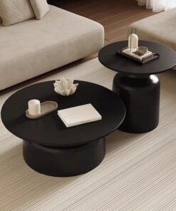 Juego de 2 Mesas de Café Redondas,Mesa de Centro de Sofá de Salón,con Escritorio Grande e Base de Acero Al Carbono,para Salón Comedor Sala de Estar(Nero)