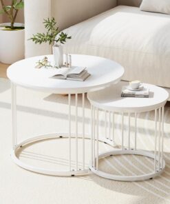 Garden 4 you Juego de 2 mesas de centro redondas, mesa de salón moderna, de madera, mesa auxiliar redonda, mesa de café, mesa de sofá, combinación de mesa para salón, oficina, balcón (blanco)