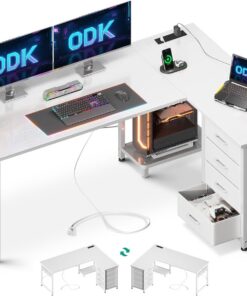 ODK Escritorio esquinero con cajones, escritorio reversible en forma de L para computadora con toma de corriente, escritorios de oficina con puerto de carga USB y soporte de host para oficina en casa,