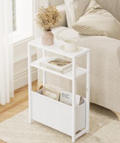 Mesa Auxiliar con Espacio de Almacenamiento, Mesa Auxiliar Estrecha de 3 Niveles con Bolsa, mesita de Noche Estrecha, pequeña Mesa de café para Espacios pequeños, Dormitorio, salón, Oficina