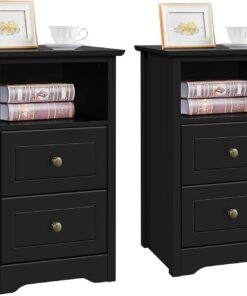 Yaheetech 2pcs Mesitas de Noche con Dos Cajones Mesillas de Noche para Dormitorio Cajonera para Cama Negro 40x35x60cm Negro