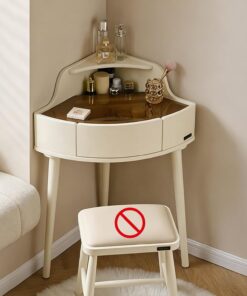 Tocador de Esquina con cajón de Almacenamiento, tocador Estilo Crema con Tablero de Vidrio Visible, Patas de Madera Maciza, Escritorio para portátil Dormitorio