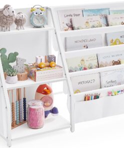 SONGMICS Estantería Infantil, Estantería para Niños, para Juguetes, Organizador de Libros, con Bolsillo Lateral, 75 cm de Altura, para Habitación Infantil, Cuarto de Juegos, Blanco GKR024W01