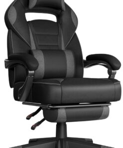 SONGMICS Silla Gaming, Silla de Oficina con Reposapiés, Reposacabezas y Cojín Lumbar, Altura Ajustable, Sillón Ergonómico, Carga de150 kg, Negro Tinta y Gris Pizarra OBG073BH20
