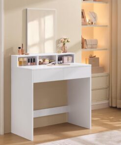 VASAGLE KAILYN Colección - Tocador, Mesa de Maquillaje con Espejo Rectangular, 2 Cajones y 3 Compartimentos, Moderno, Blanco RDT113W01