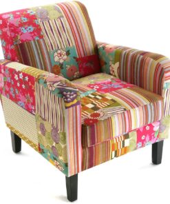 Versa Pink Patchwork Butaca Orejera para Salón, Dormitorio o Comedor. Sillón para Lectura de Diseño Vintage, con Apoyabrazos, Medidas (Al x L x An) 71 x 77 x 65 cm, Algodón y Madera, Color Rosa