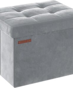 SONGMICS Puff Almacenaje, Banco de Almacenamiento de Terciopelo Plegable, Taburete Reposapiés, 31 x 41 cm, Carga de 130 kg, para Entrada, Sala de Estar, Dormitorio, Gris Paloma LSF200G02